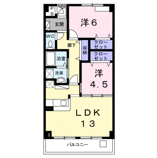 Planta 2LDK de ヒルズ向イ山