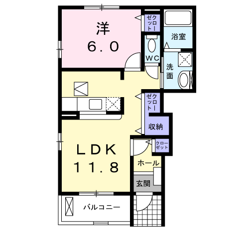Planta 1LDK de サニーヒル鷹丘　Ａ