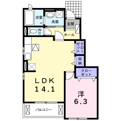 Planta 1LDK de クラルジュネス